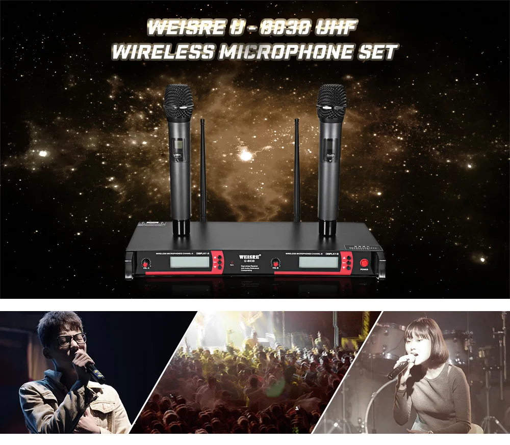WEISRE U-8030 Профессиональный Двухканальный UHF беспроводной KTV микрофон набор 2 микрофона+ 1 приемник+ 2 антенны+ 1 пара набор для монтажа в стойку