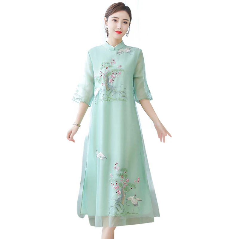 

Embroidery Chinese Style Dress Vintage Half sleeve Large size 4XL Long dress Summer new fashion Voile Ankle-Length dress womens