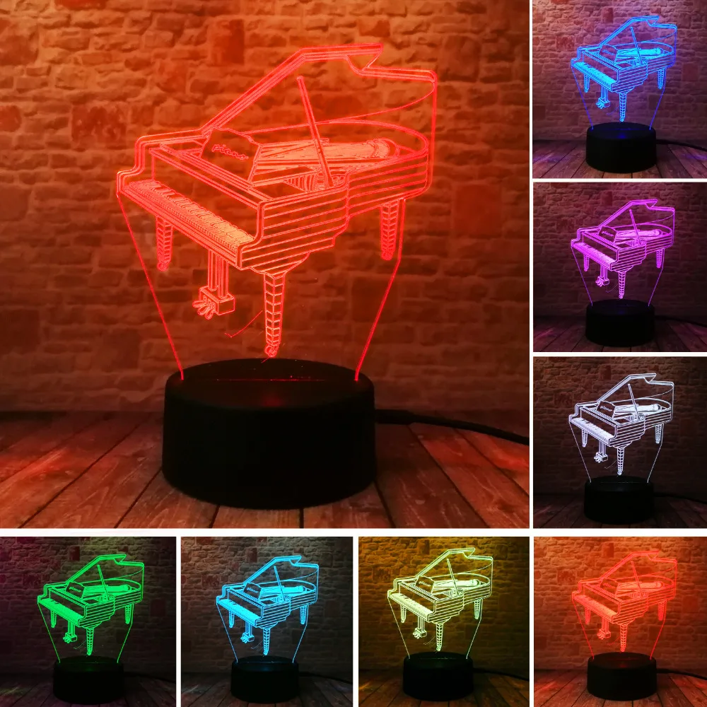 Фортепиано 3D Оптическая иллюзия ночник 7 цветов Изменение LED лампа прикроватная