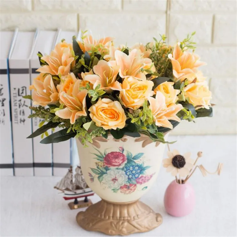 Поддельные розы и лилии букет (9 стеблей долларов США/шт) Моделирование с фрукт из