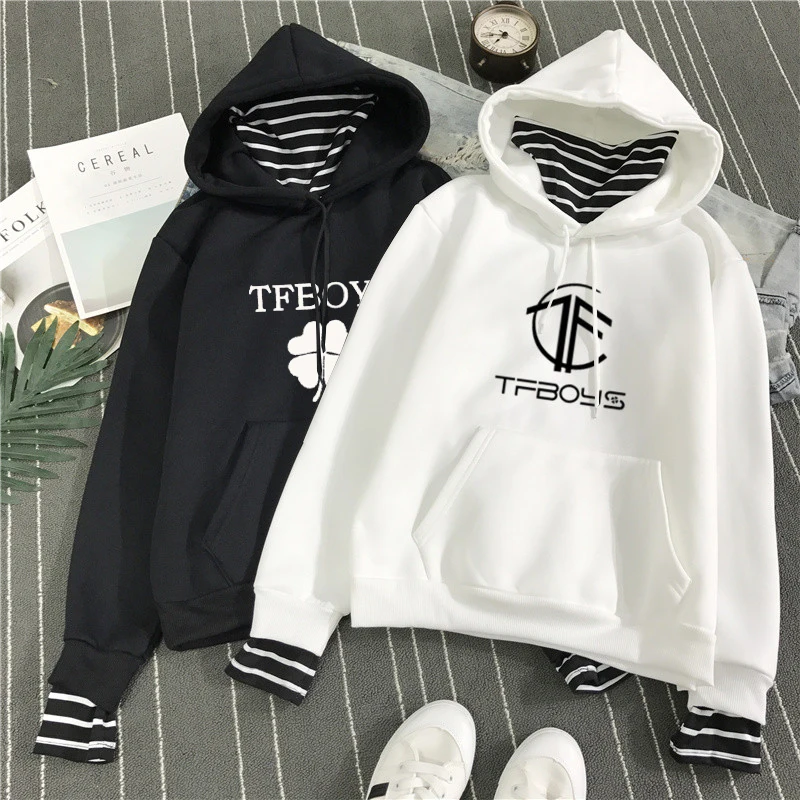 Модные толстовки Tfboys Kpop с имитацией двух предметов толстовка длинными рукавами