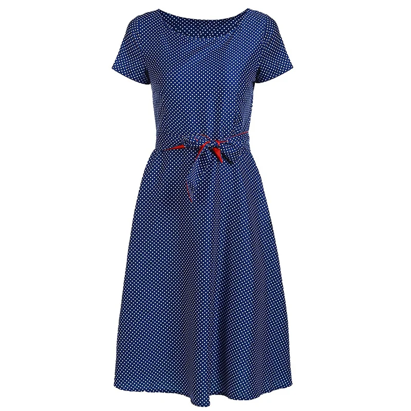 Женское длинное платье винтажное в горошек с коротким рукавом и высокой талией а