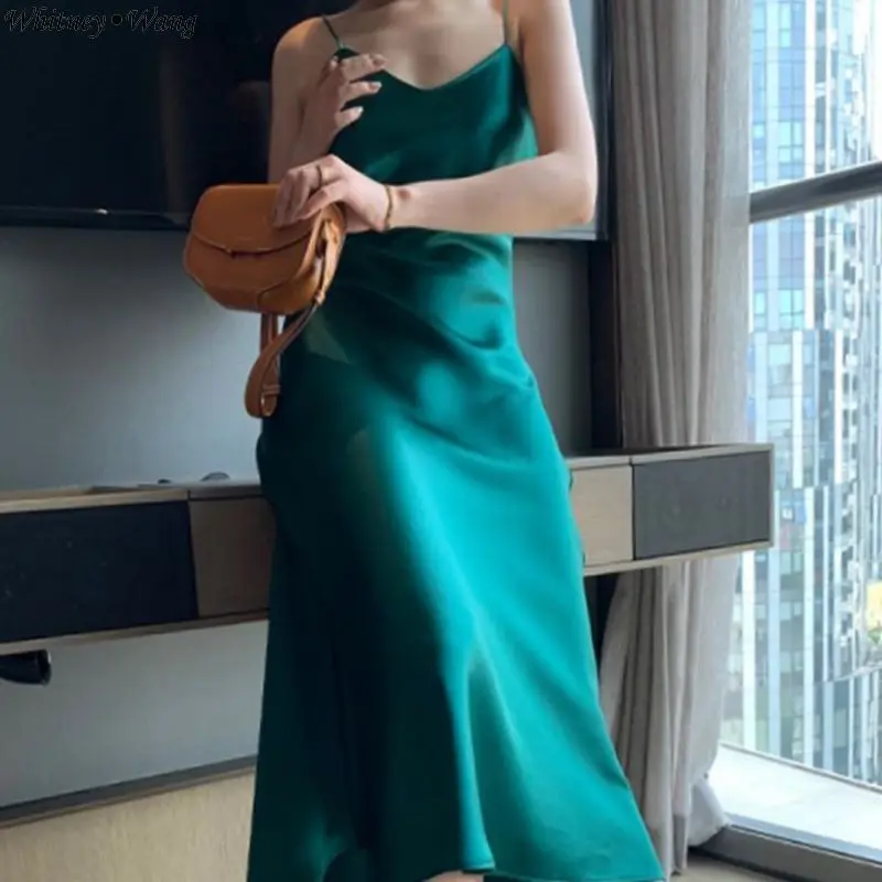 WHITNEY WANG 2019 летнее модное уличная сексуальное атласное платье на бретельках