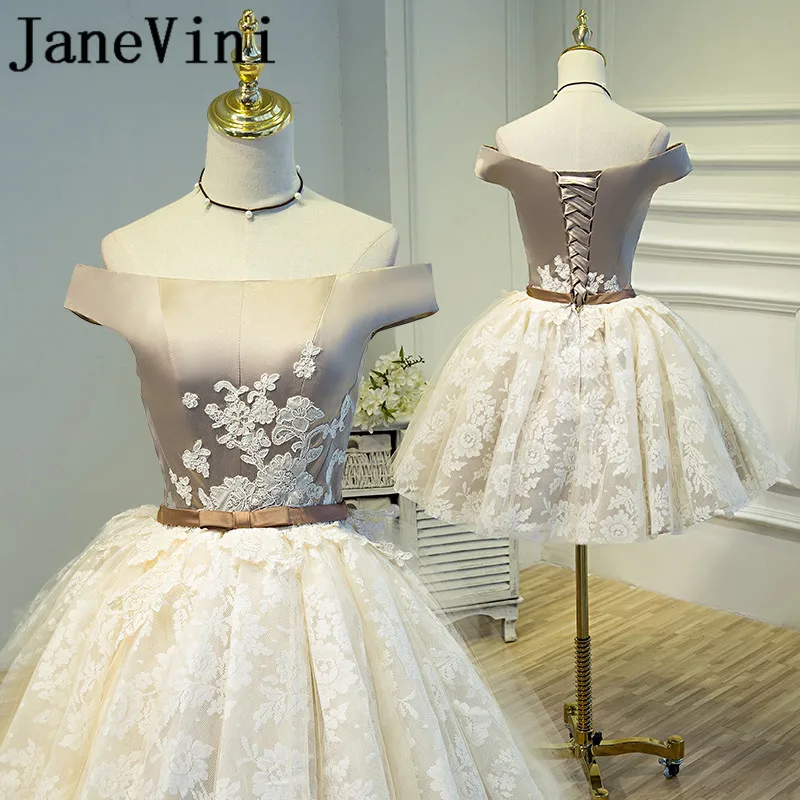 

JaneVini Charming Champagne Lace Short Mother of the Bride Dresses A Line Boat Neck Lace Appliques Pageant Evening Party Gowns