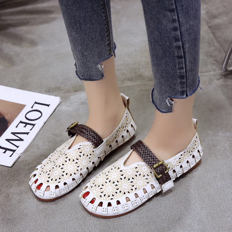 Повседневная обувь Женские босоножки Летние кожаные женские туфли на плоской