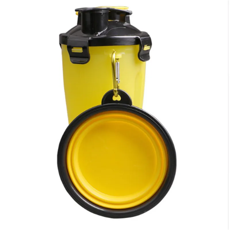 ULTRASOUND PET Food Water Bottle with Bowl Dual Chambered Storage Container with Collapsible Dog Pet Cup Pet Snake Feeders - Цвет: yellow set