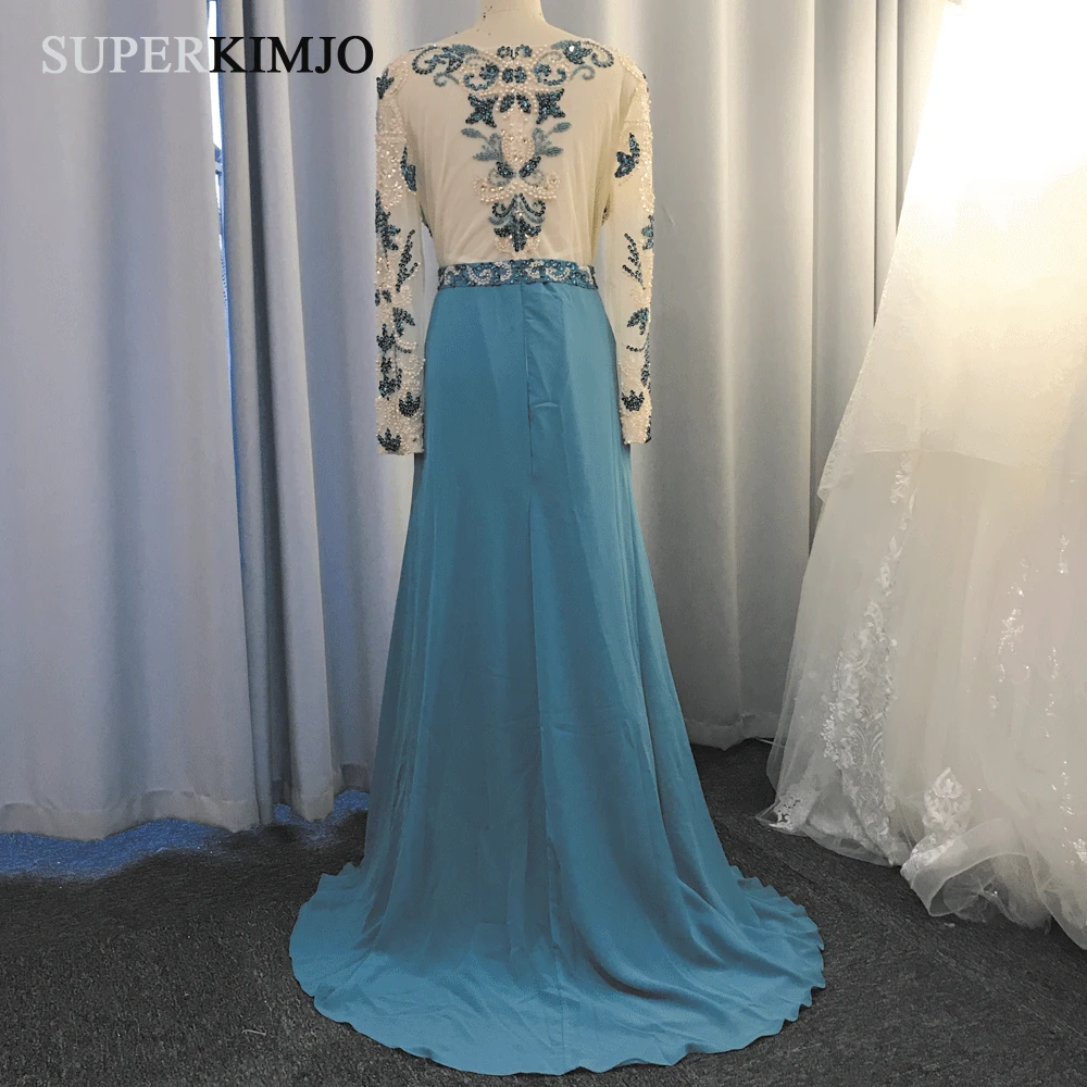 real prom dresses 2020 crew neckline beaded beading crystal long sleeve chiffon turqurise blue evening dresses