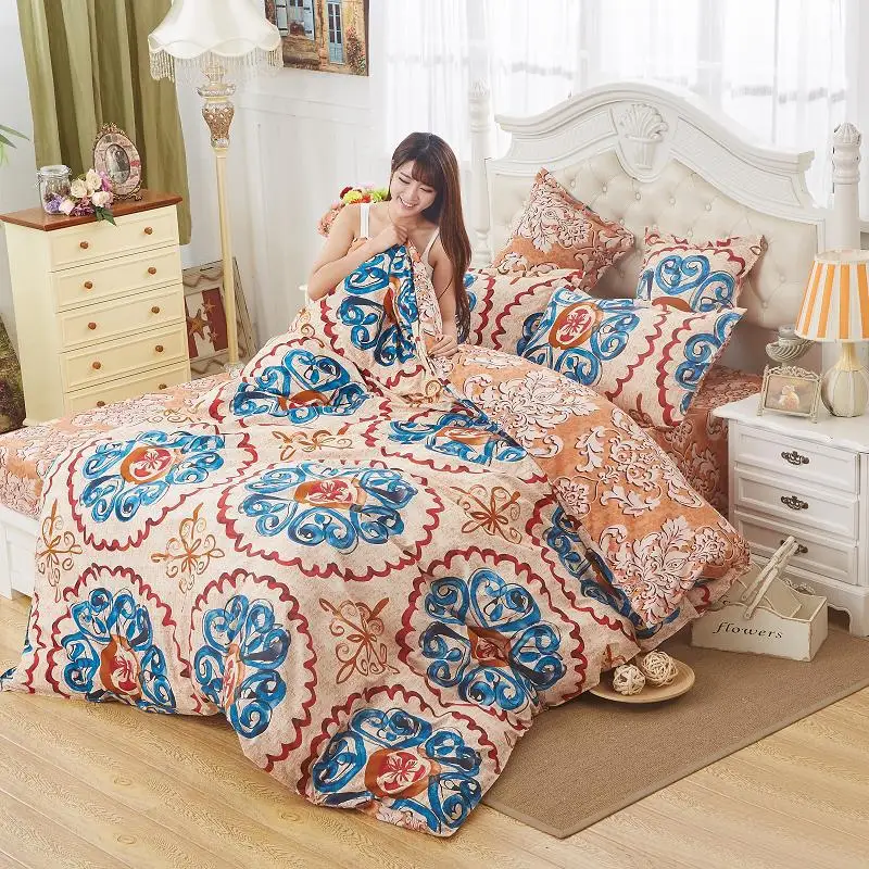 Fashion Flowers Printing Blue Bedding Set Pink Linen Cotton Bed Sheet Home Comfortable Bedspread Duvet Cover Summer | Дом и сад