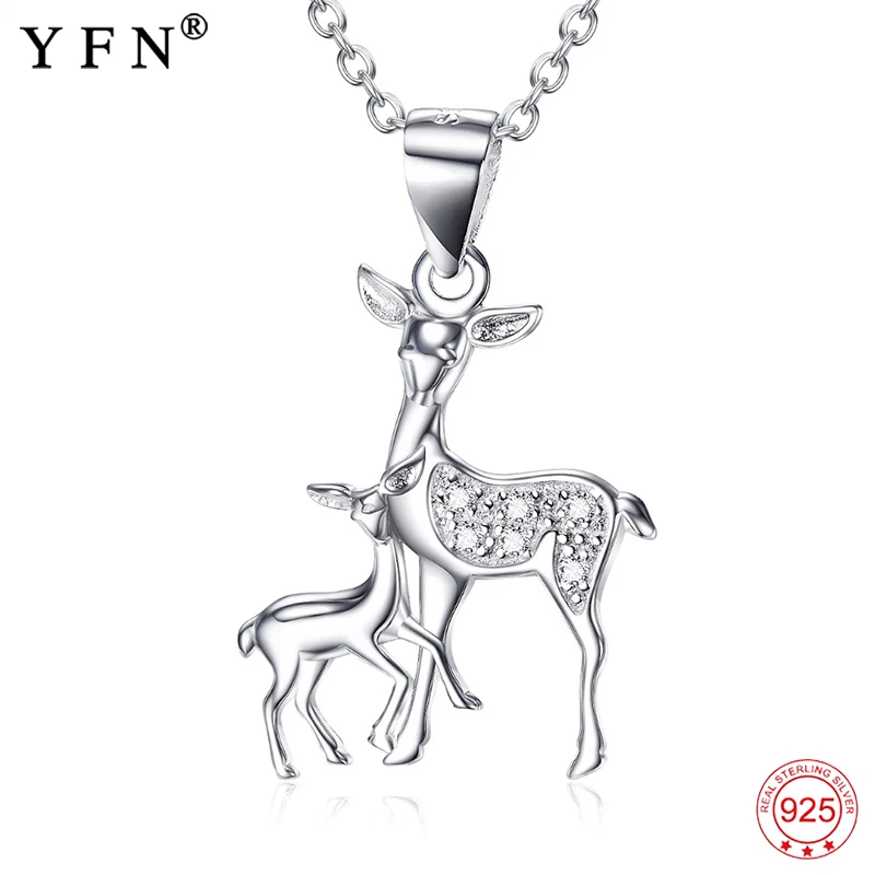 

YFN Genuine 925 Sterling Silver Animal Necklace Cute Deerlet Fawn Pendants Baby With Mother Family Necklaces Jewelry GNX10058