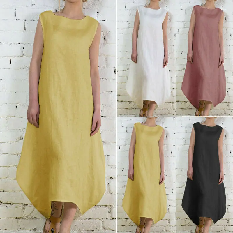 

Fashion Women O-Neck Sleeveless Cotton and Linen Vintage Irregular Dress