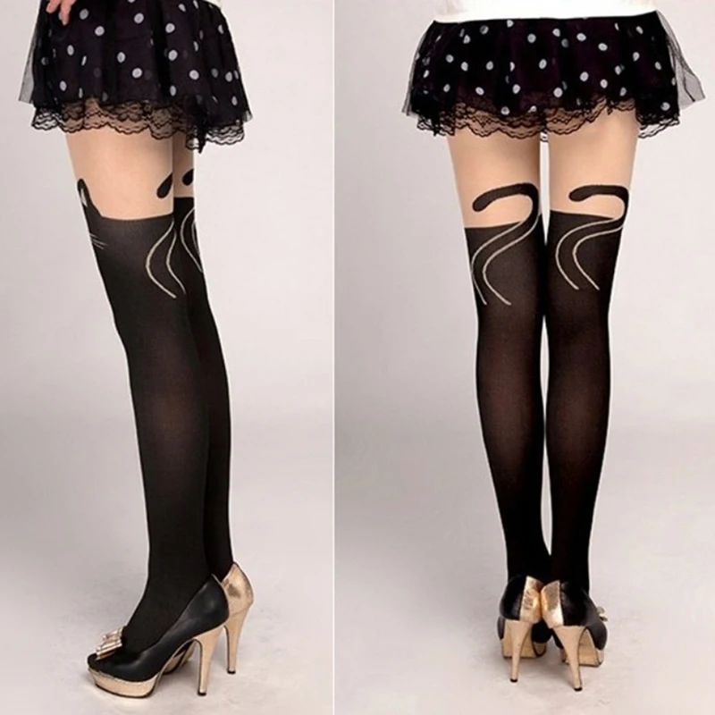 Мультяшные колготки женские пикантные чулки с принтом кошки перекрестными