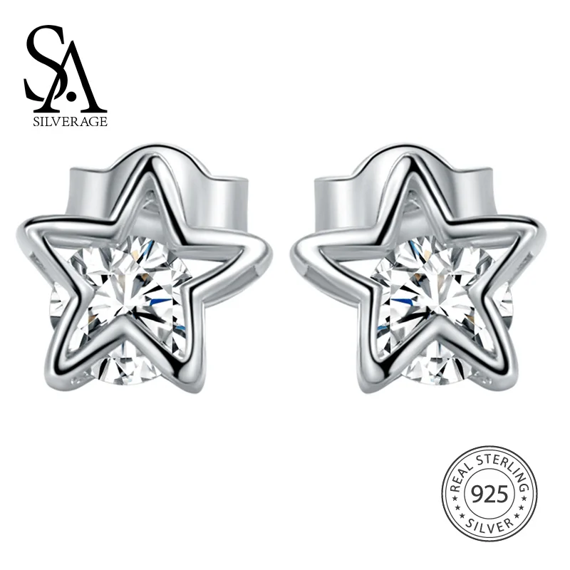 Sa silverage Настоящее стерлингового серебра 925 Star Серьги гвоздики Bling прополка мечта