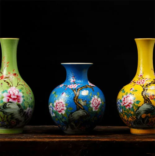 Антикварная эмалированная фарфоровая ваза расписанные вручную цветы коллекция