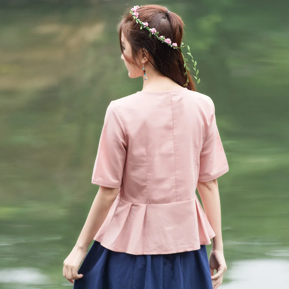 Лето Сладкий Розовый Рубашка Шею Половина Рукава Белье Кнопку Кардиган Блузка