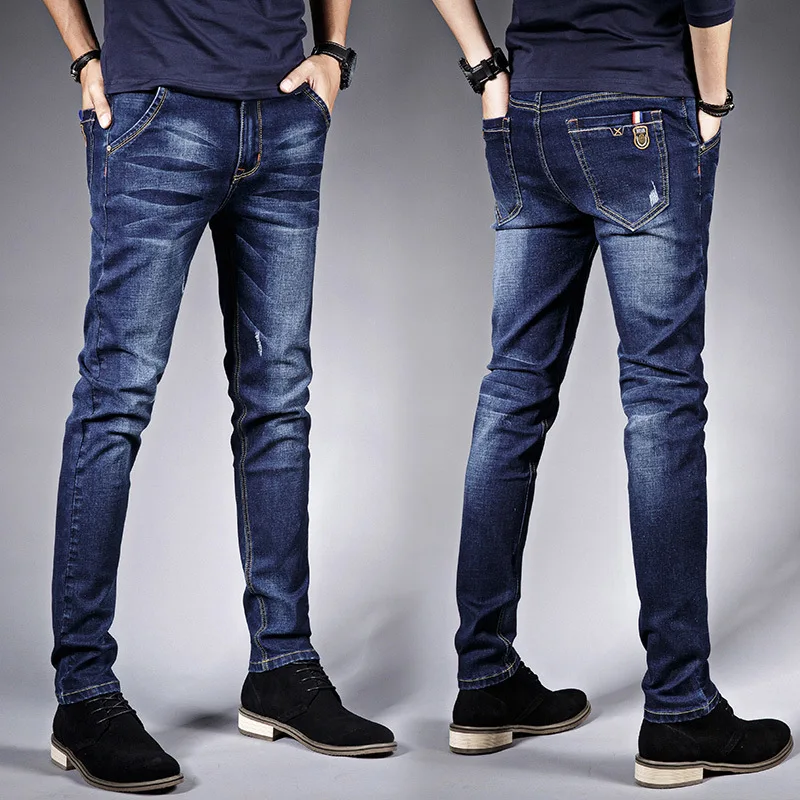 Fashion Men's Jeans Pants Stretch Dark Blue Skinny For Men Casual Slim Fit Denim Korean Style Male Trousers | Мужская одежда