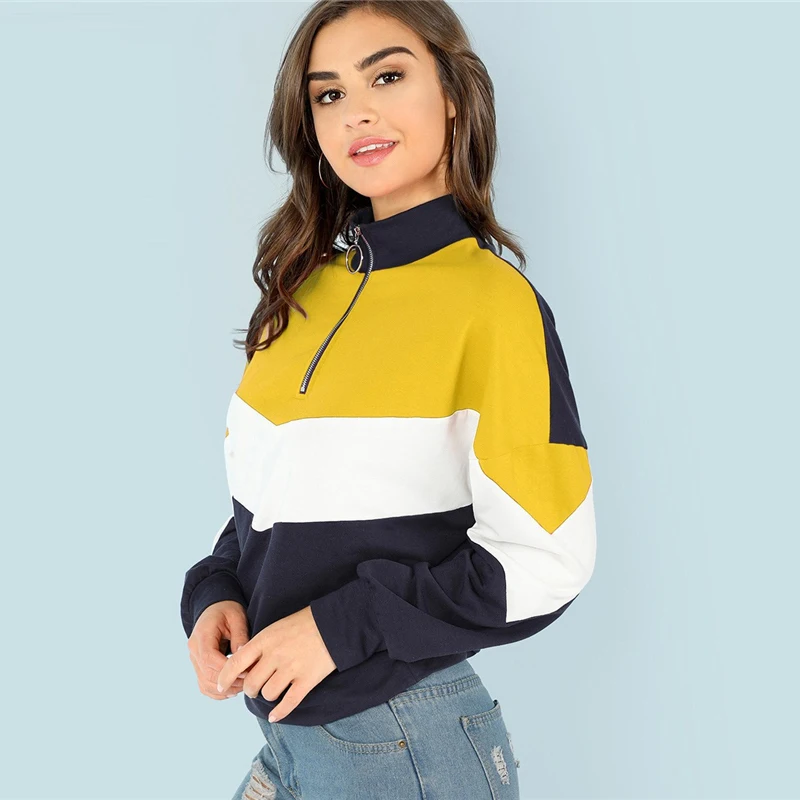 SHEIN Контрастный Свитшот На Молнии, Спортивный Свитшот В Яркую Полоску, Стильный Свитшот