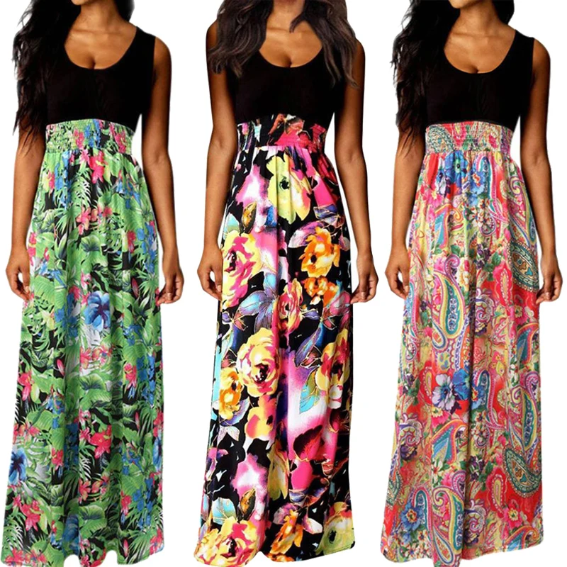 Летнее Длинное платье женское вечернее элегантное макси в стиле бохо без рукавов
