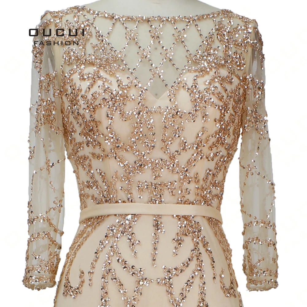 Plus Size Luxury Gown Muslim Sequined O-Neck Long Prom Dresses 2019 Full Beaded Gray Robe Soiree Tulle Gold Party Dress OL103391