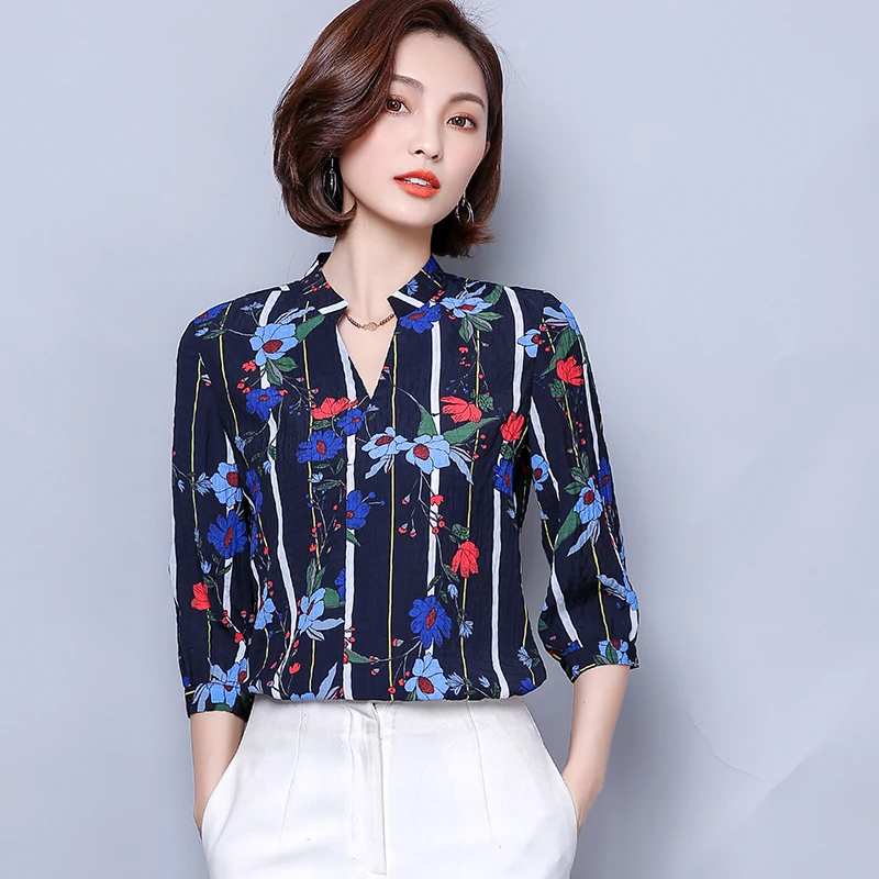 Debowa Print Chiffon Shirt Women Tops 2018 Spring New Blouses 3/4 Sleeve V-neck Bodycon Casual Blouse Blusa