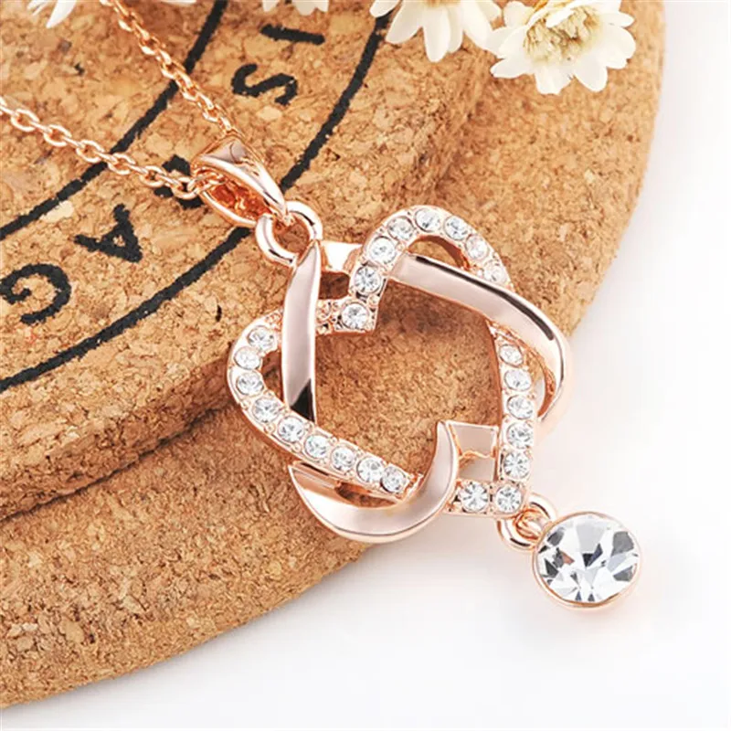ROXI ROMAD Бренд розового золота австрийский кристалл двойное сердце подвеска на ожерелье для женщин роскошный подарок парам, любовникам и матери
