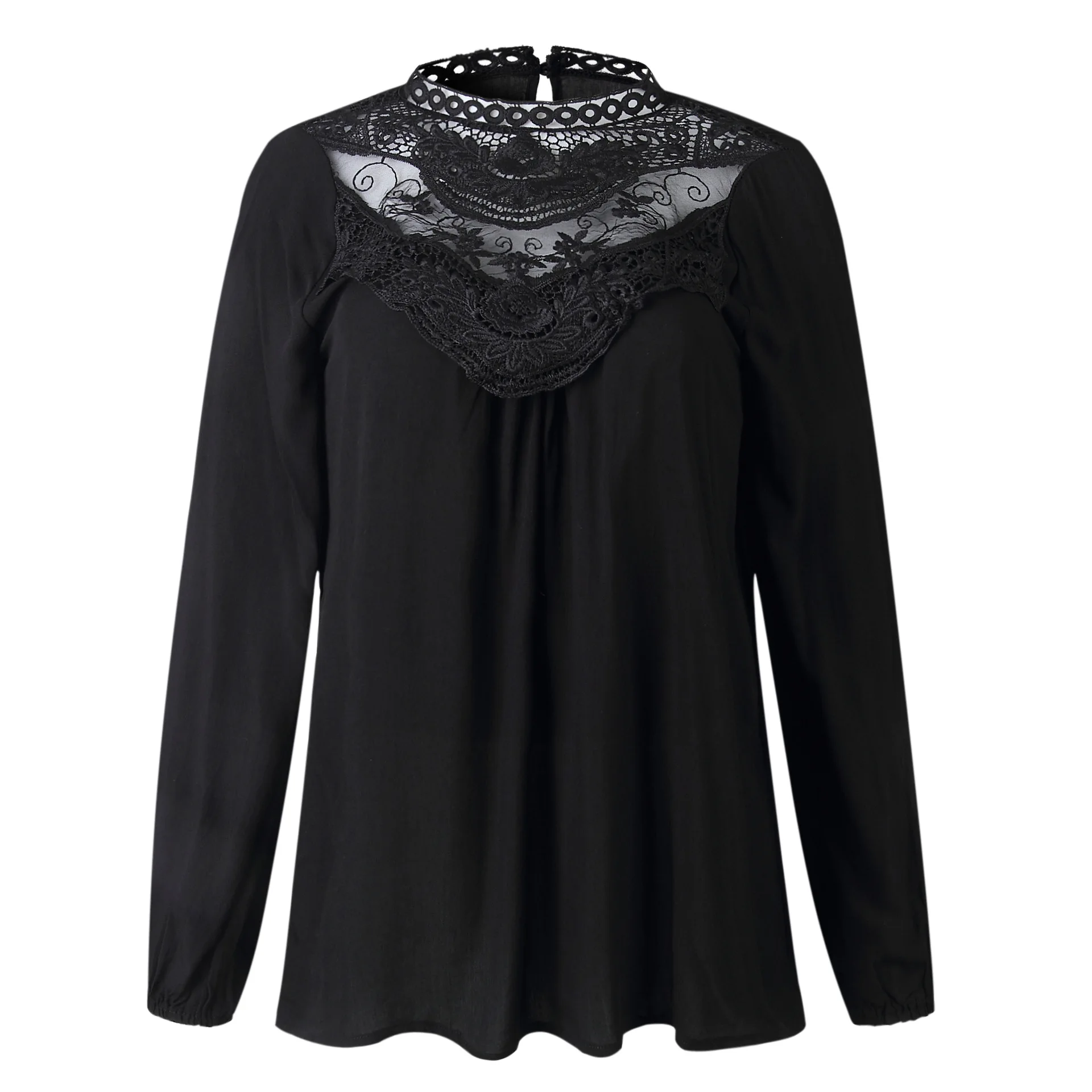 Женская Кружевная футболка с круглым вырезом и длинными рукавами Однотонная