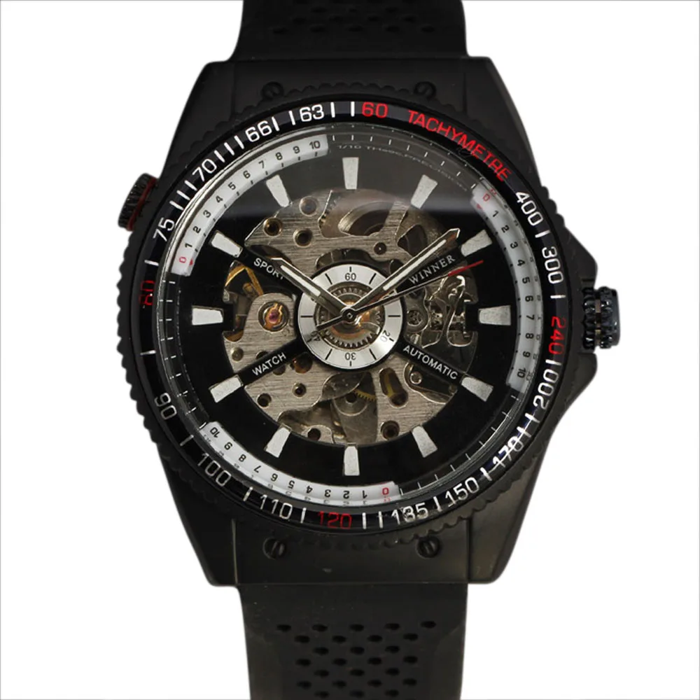 

Winner Fashion Automatic Mechanical Wristwatches Military Tachymeter Chronograph Case Skeleton Dial Rubber Band Sport Men Watch