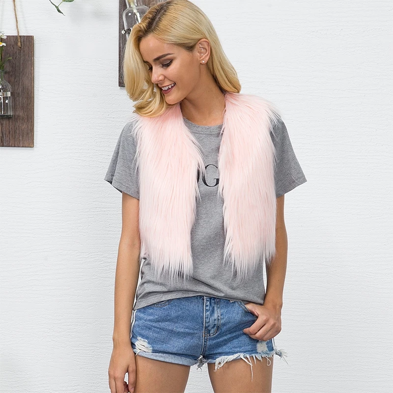 Женский короткий жилет из искусственного меха зимний теплый однотонный большого