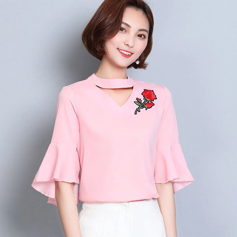 New 2017 Fashion Halter V Neck Blouses For Women Elegant Flare Sleeve Flower Embroidery Chiffon Blouse Blusas Summer Shirts Tops |