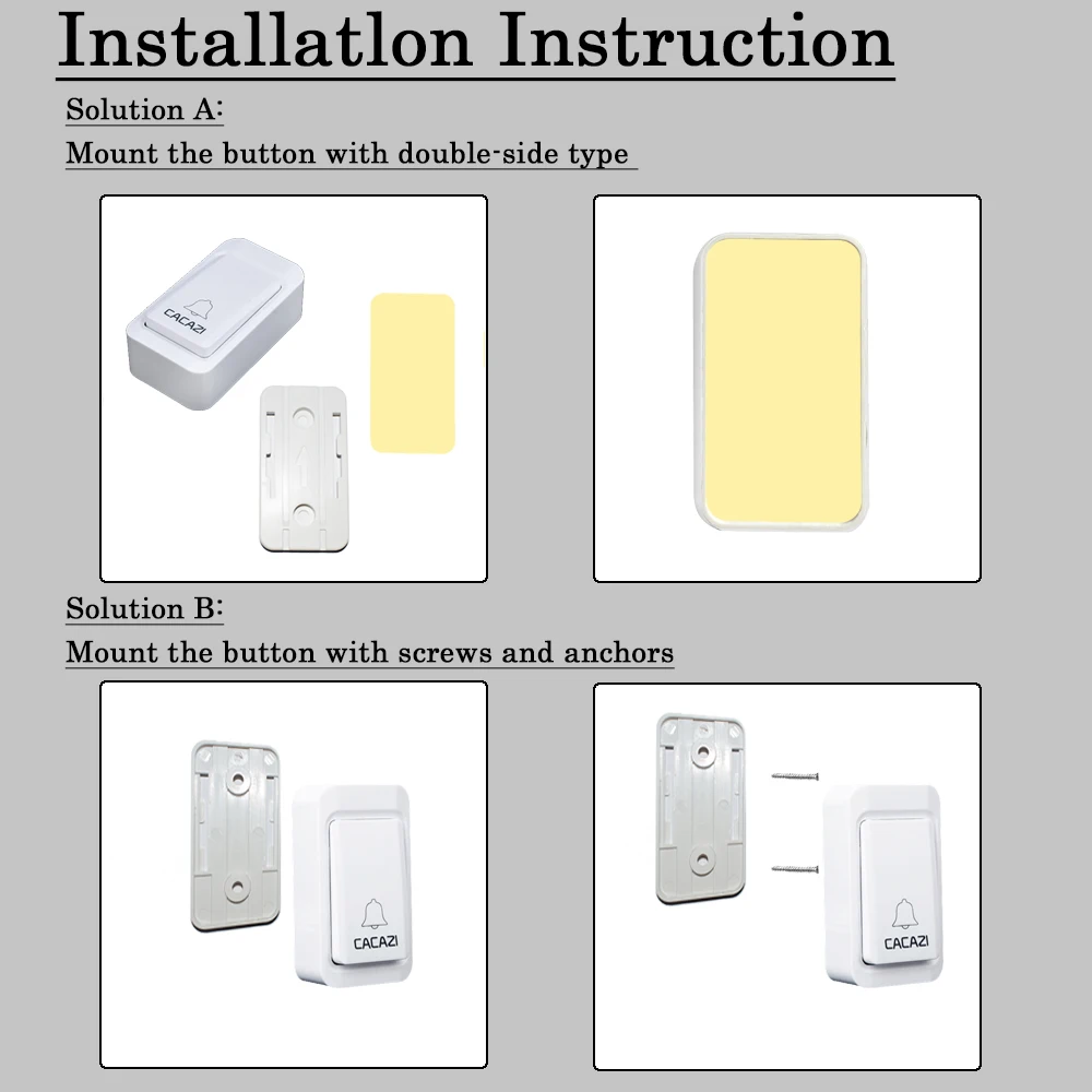 Беспроводной дверной звонок CACAZI не требует батареек Водонепроницаемый