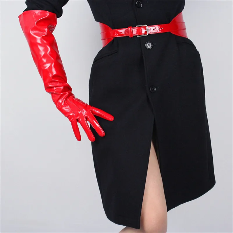 Leather Red 50 см, длинные перчатки из лакированной кожи, с большим рукавом, с рукавом-фонариком, из имитирующей кожи, яркие, розовые, красные, женские, WPU12-50W - Цвет: Leather Red
