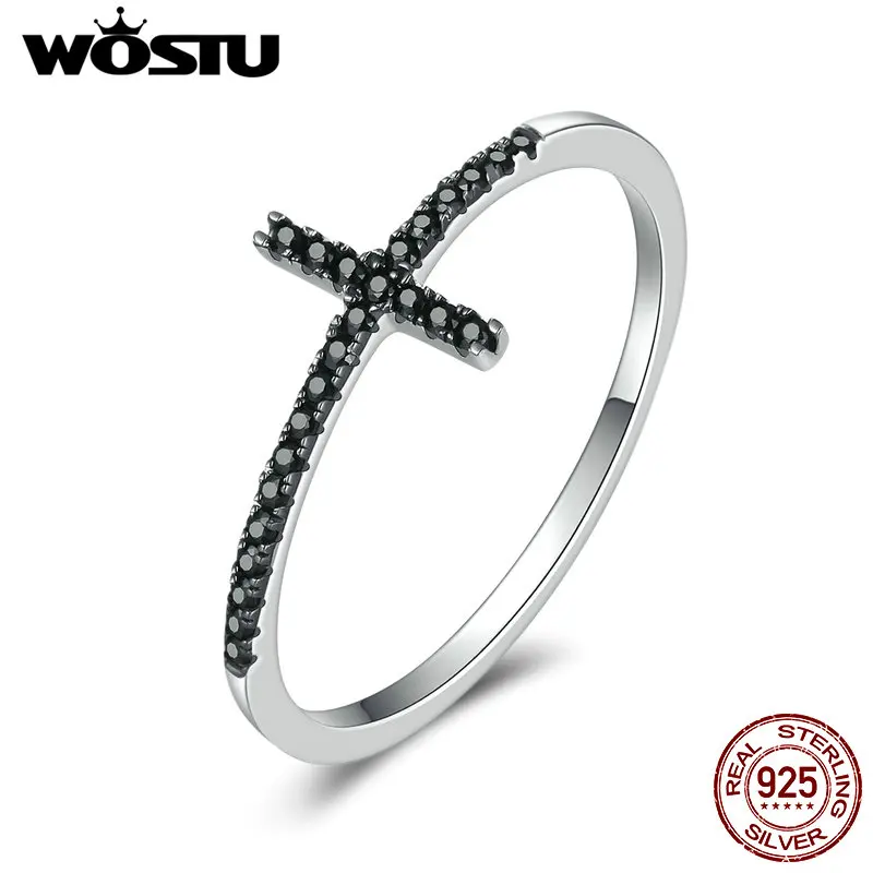 WOSTU чистое 925 пробы Серебряное кольцо на палец с черным цирконием для женщин вечерние ювелирные изделия в подарок CQR067