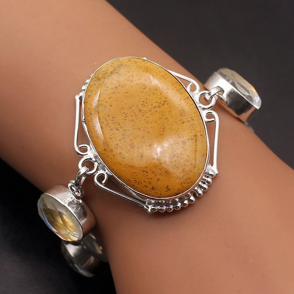 

Trendy Natural YellowJasper Mystic Topaz925 Sterling Silver Color Women Links Chain Bracelet 8 Inch TF1075
