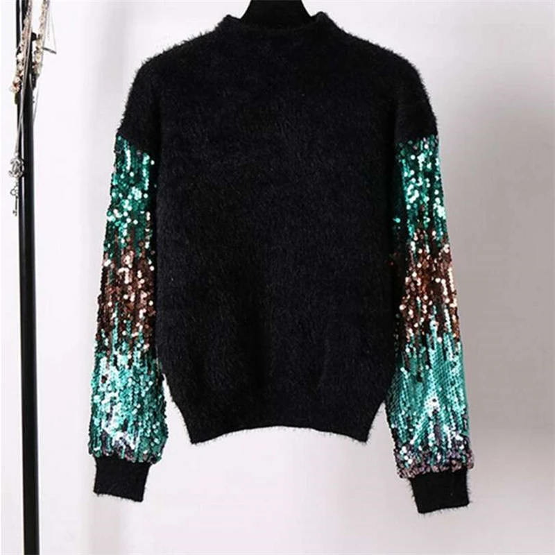 Женский пушистый трикотажный джемпер с блестками на осень/зиму | Женская одежда