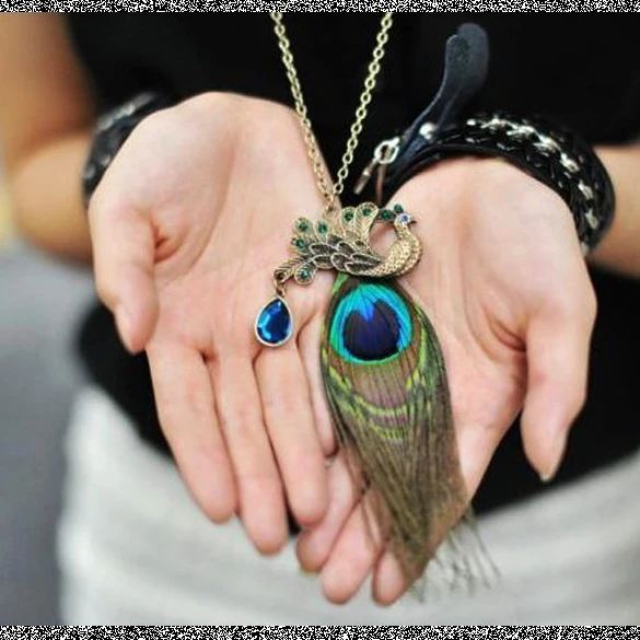 Ретро кулон перо павлина Латунь Тон ожерелье CX17 | Украшения и аксессуары