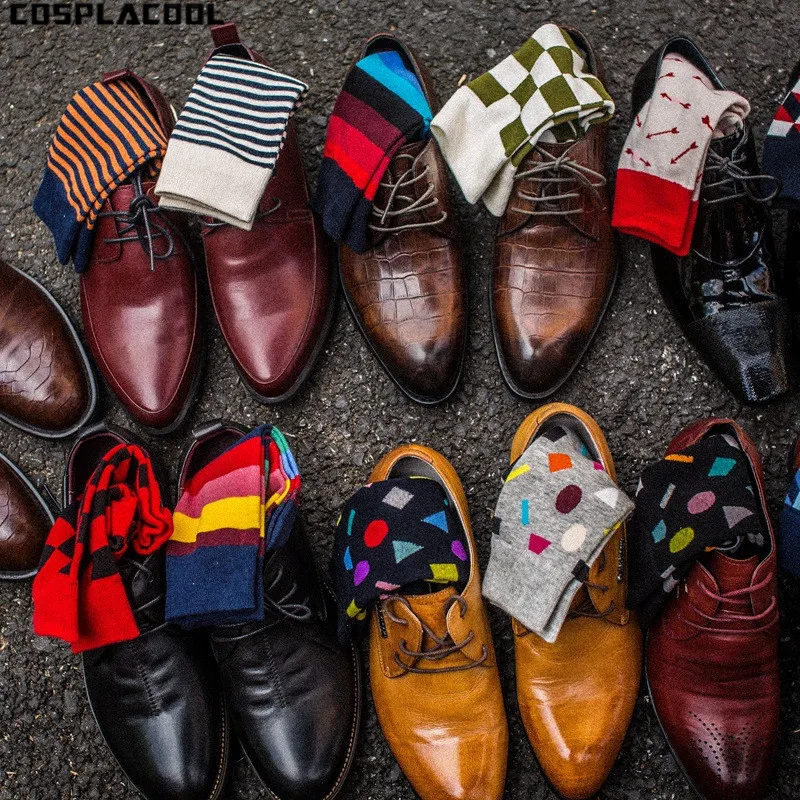 

[COSPLACOOL]Colorful Stripe Happy Skateboard Business Socks Men In Tube High Quality Meias Fashion Cotton Absorbent Unisex Sox