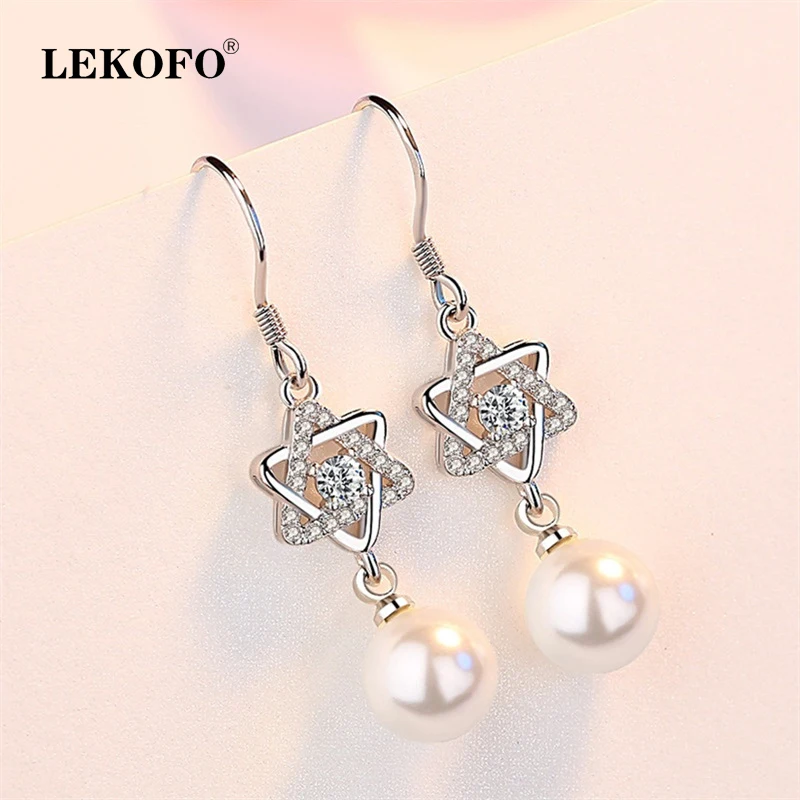 LEKOFO Новые корейские модные дикие гексаграммы жемчужные длинные висячие серьги
