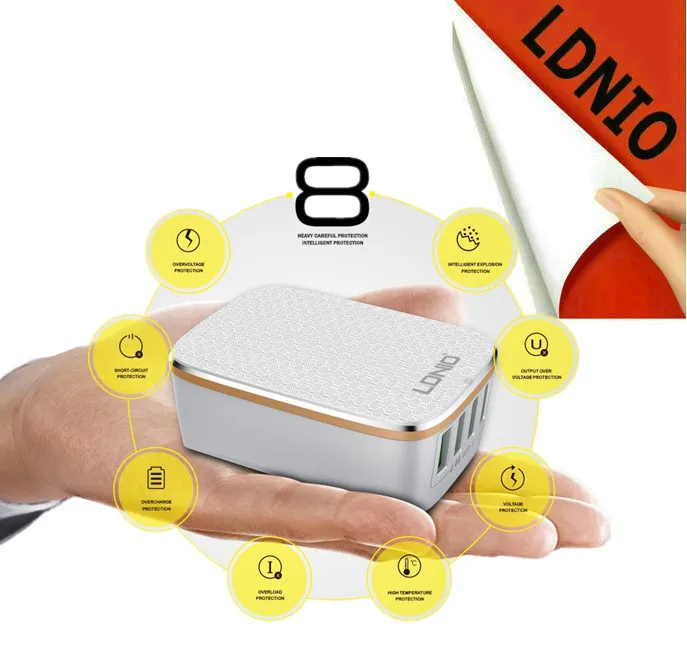 

Hot Sale LDNIO 4-ports Ultra-Compact USB Travel Charger Foldable Plug US To EU For Phone IPhone X IPad With Free Andriod Cable