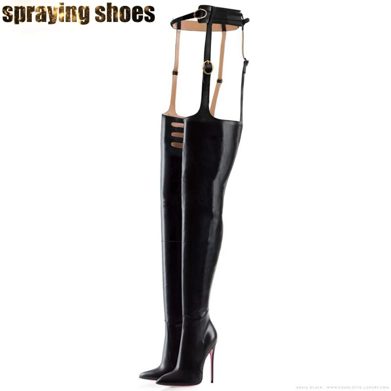 black patent leather Высокие сапоги до бедра с острым носком и поясом; пикантная женская обувь на высоком каблуке-шпильке; женские зимние туфли-лодочки; Кожаные Сапоги выше колена - Цвет: black patent leather