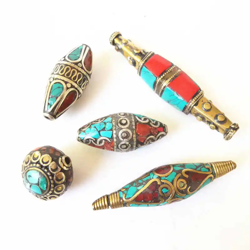 

NBB150 Nepal Hand Beads Metal Inlany Colorful Stone Mix 5 Beads