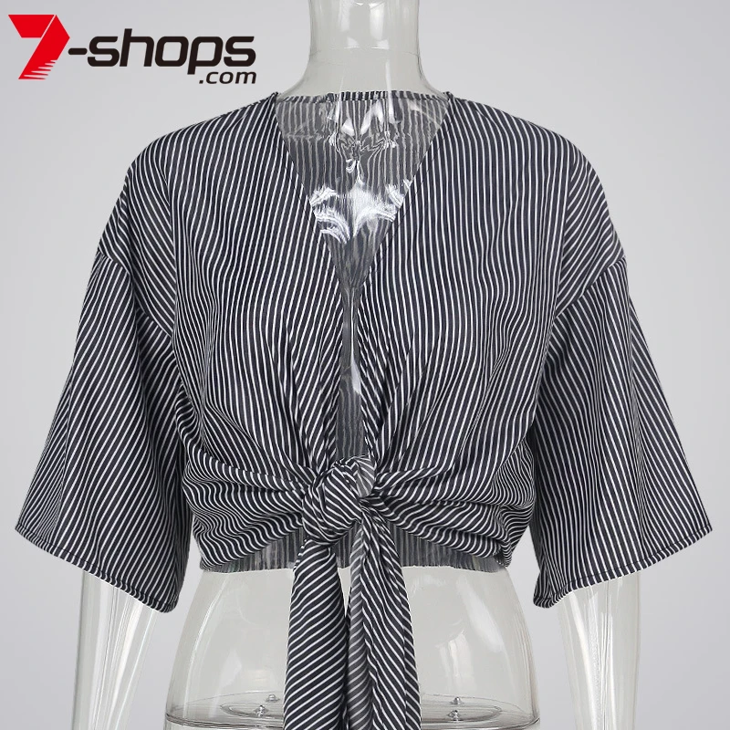AECU Sexy Crop Top Women Stripe Flare Sleeve Shirts Deep V Neck Short Female Tops Vintage Girl Summer Tie Up Tees 2021 | Женская одежда