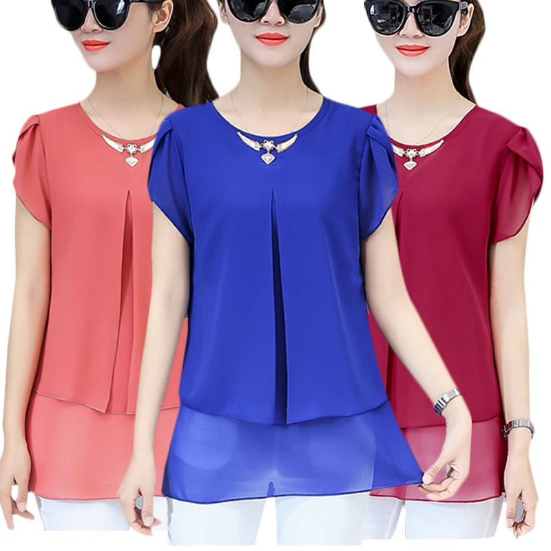 Женская шифоновая блузка с круглым вырезом расклешенным рукавом|Блузки| |