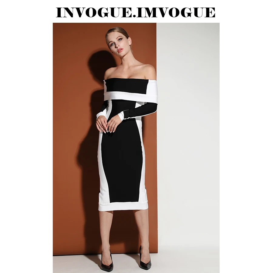 Женское платье с открытыми плечами INVOGUE Черное и белое Бандажное длинными