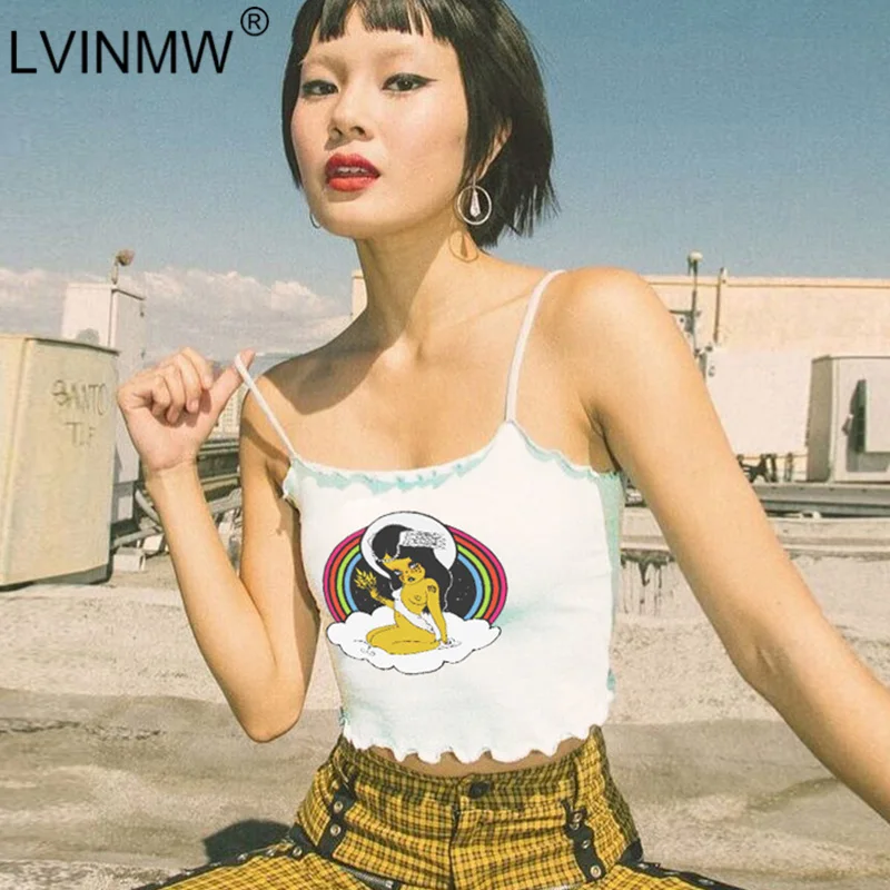 LVINMW сексуальные топы с милым мультяшным принтом на бретельках рюшами 2019 летние