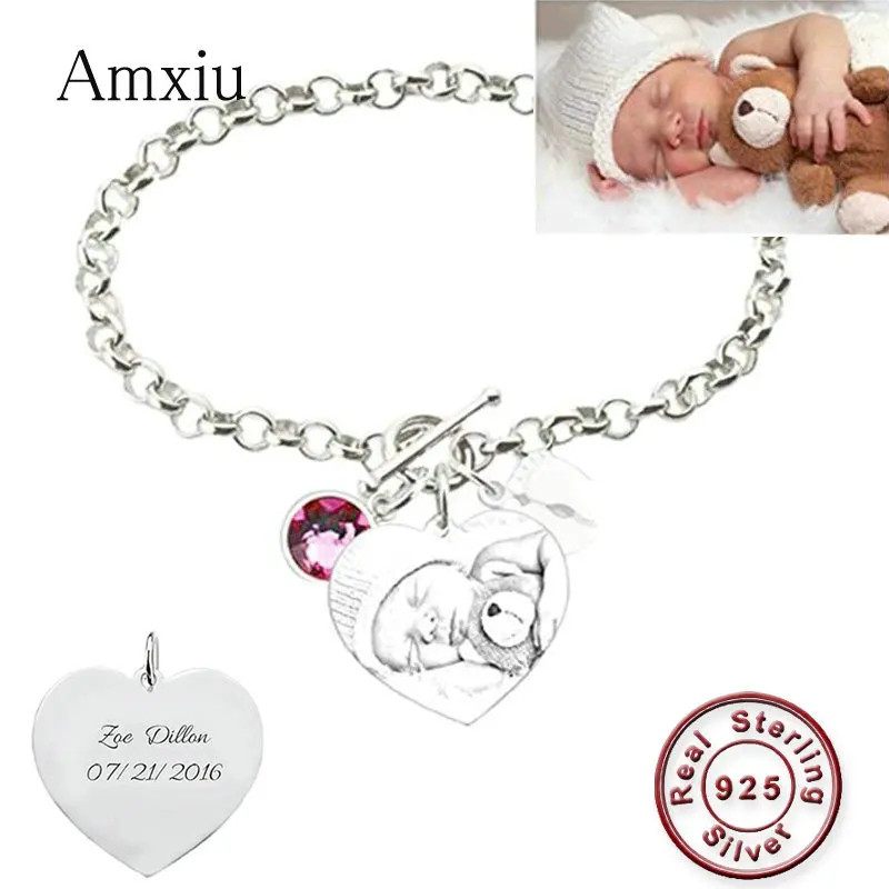 Amxiu DIY 925 пробы серебряный браслет настроить фото имя браслеты выгравировать имя Дата изображение браслеты для матери ребенка подарок