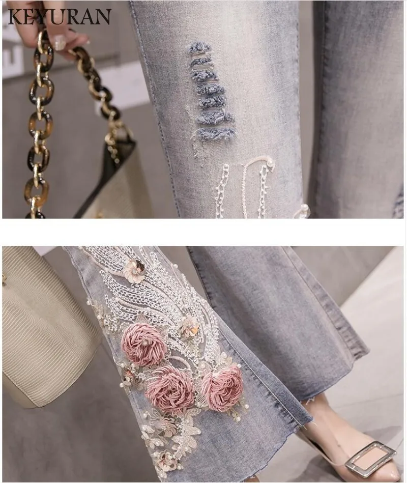 Boyfriend Women Appliques Embroidery Jeans Female High Waist Denim Flare Pants Slim Elastic Heavy Industry Trousers Korean style |