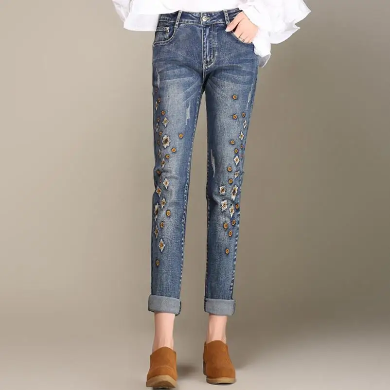 

Autumn harem pants loose jeans female large size embroidered flowers jeans 9xl