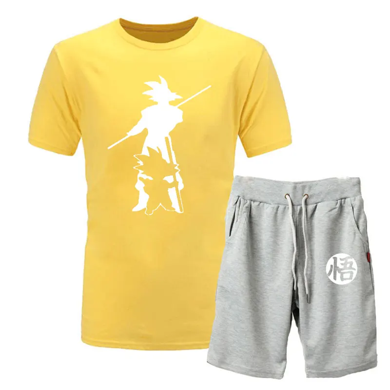 yellow light gray 1 Новинка года; летняя футболка с принтом «Жемчуг дракона Z Goku» из 2 предметов+ шорты; футболка с короткими рукавами и круглым вырезом Повседневная брендовая одежда Vegeta Harajuku - Цвет: yellow light gray 1