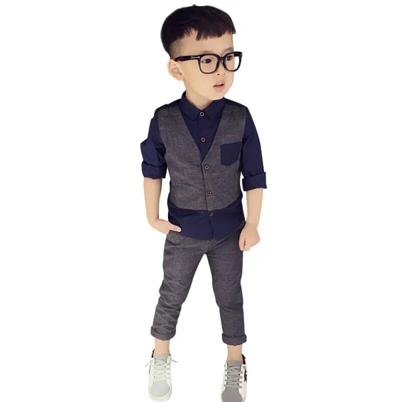 2019 Spring Boy Gentleman Suit Long Sleeve T-shirt Boys Kids Clothes Children's Clothing Set Fake Two Pieces Top+pants 2pcs | Детская