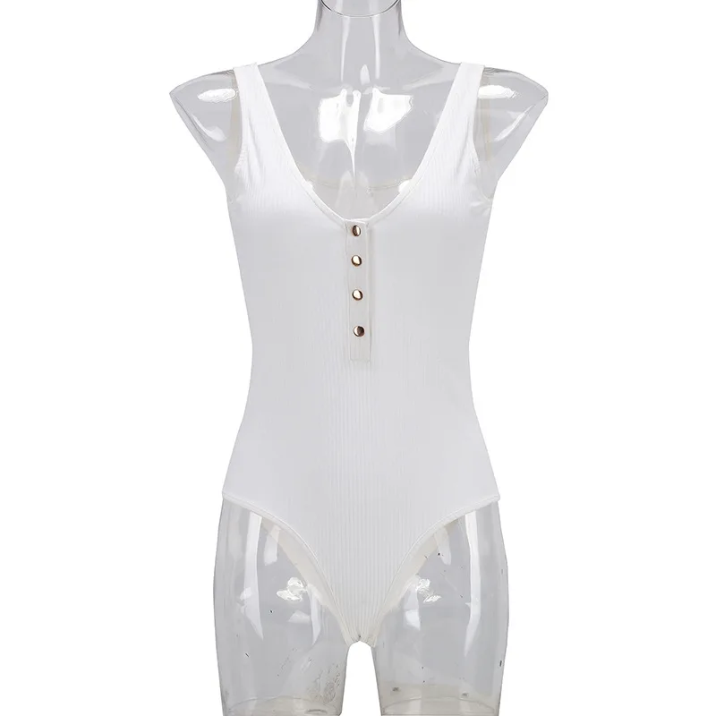 Боди женское на пуговицах повседневный комбидресс в рубчик с глубоким вырезом