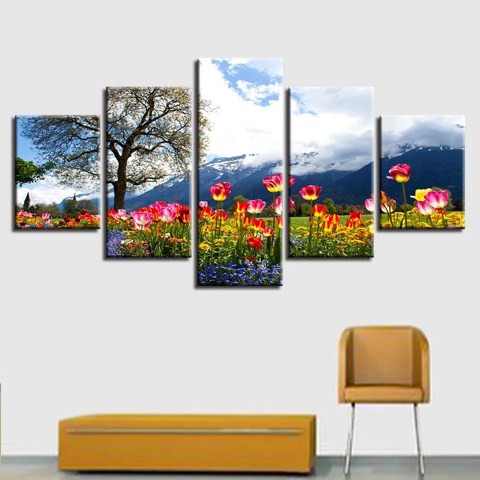 

Wall Art Decor Room 5 Pieces Flowers Tree Mountain And White Cloud Scenery Paintings Poster Frame Modular Canvas Pictures Prints